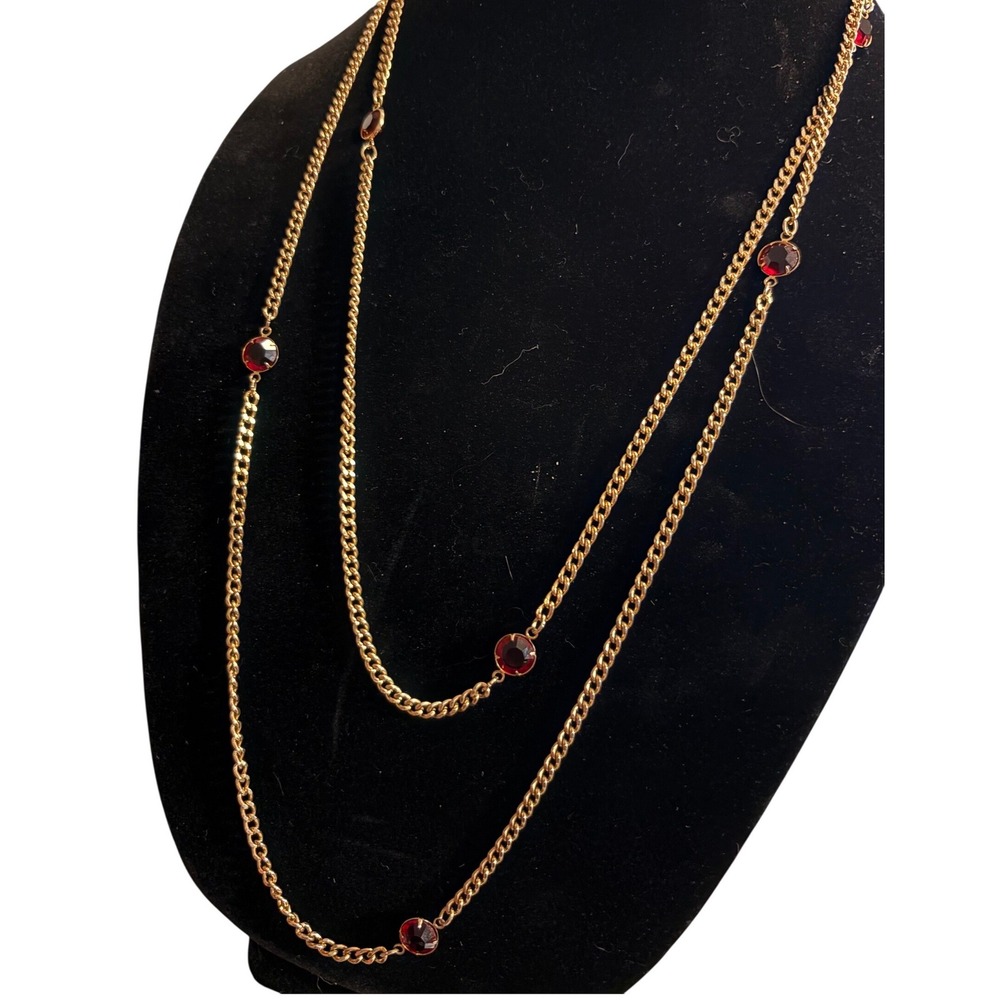 Gold Tone‎ Long Necklace Red Crystal Beads Layered Chain Fashion Jewelry